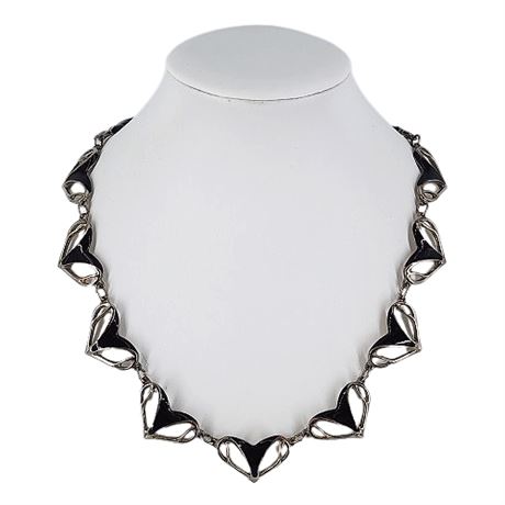 Silver Tone & Black Heart Link Necklace