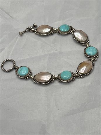 Native American, silver, turquoise and shell bracelet