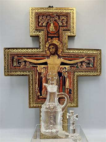 Vintage Catholic Byzantine Italian Style Crucifix & Old Holy Water Pitcher