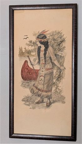 Antique Water Color North American Indian Woman Canoe Framed 21" X 10.75"