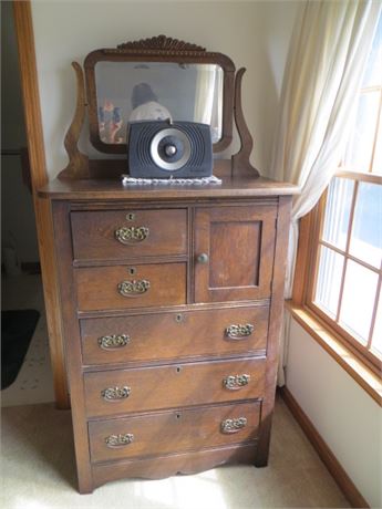 Oak Dresser w/Mirror & Hat Box & Original Handles