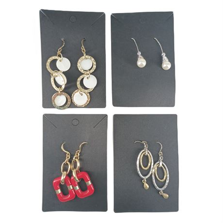 Earrings Lot - Silver-Tone Circles, Pearl Drops and Red Geometric Dangles