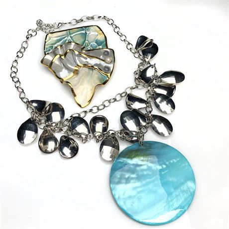 A Splash of Summer Silver Droplets w Blue Shell Pendant +Abstract Artisan Brooch
