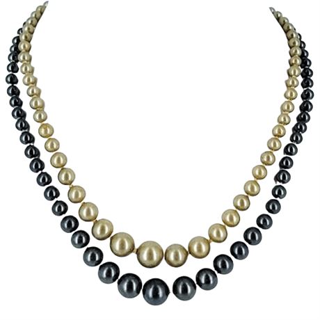 Vintage Hand-Knotted Gray and Off-White Faux Pearl Double Strand Necklace