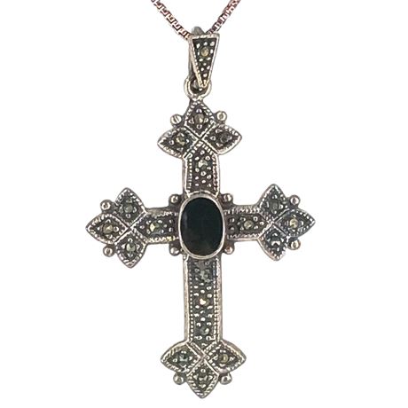925 Silver Necklace with Marcasite and Onyx Cross