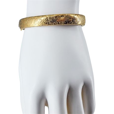 Vintage Gold Tone Etched Floral Clamper Bangle Bracelet