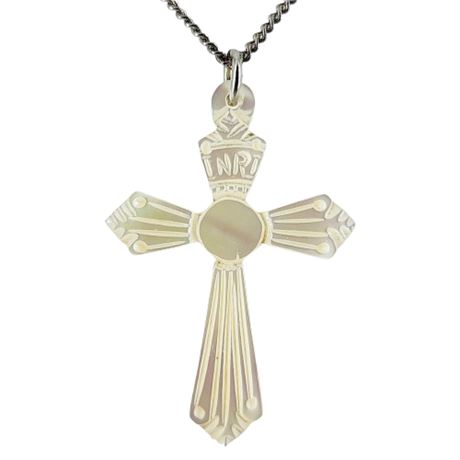 Vintage Hand Carved Mother of Pearl Cross Pendant Necklace