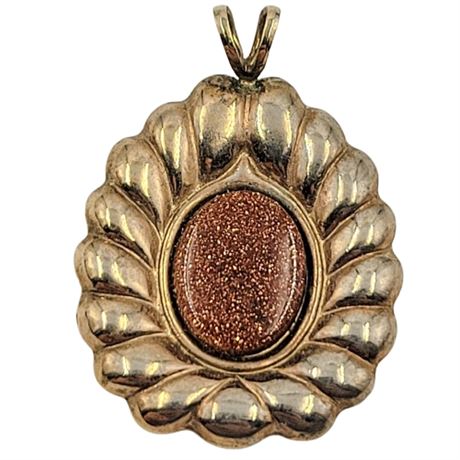 Gold Tone Oval Necklace Pendant with Goldstone Inlay