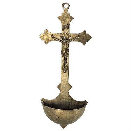Vintage Brass Crucifix Holy Water Wall Font