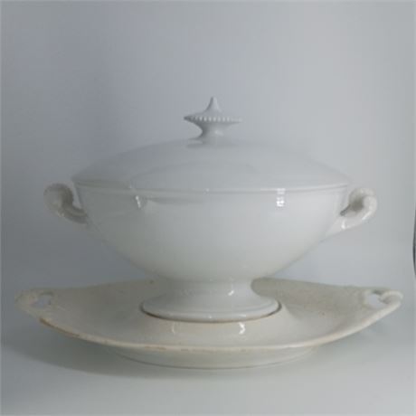Antique White Ironstone Tureen with Lid and Underplate – Beaded Handles