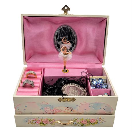 Vintage Ballerina Musical Jewelry Box w/ Small Lot of Costume Jewelry