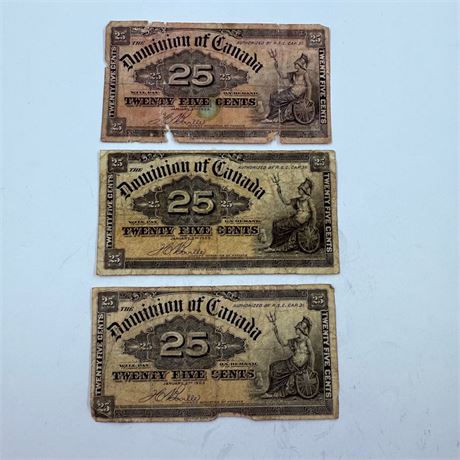 3x 1900 Canadian 25¢ Fractional Notes