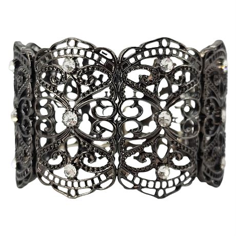 Modern Gunmetal Lace Filigree & Rhinestone Wide Stretch Bracelet
