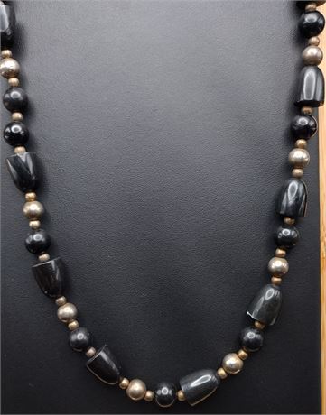 Black bead necklace with metal accents 26 in Long