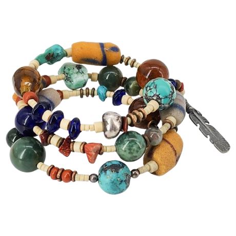 Vintage Glass Trade Bead & Turquoise Stone Memory Coil Bracelet