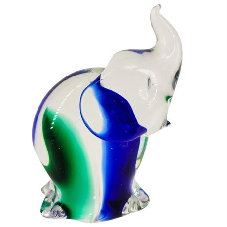 Blown Art Glass Blue and Green Elephant Sculpture