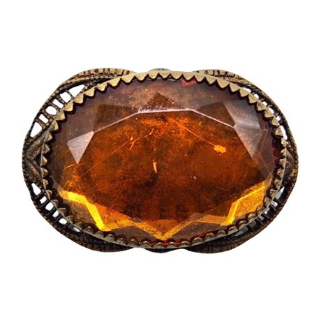 Victorian Brass Brooch w/ Amber Glass Rhinestone