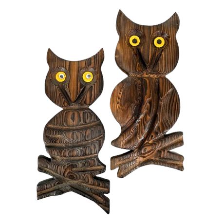 70's Retro Wooden Owl Wall Hangings