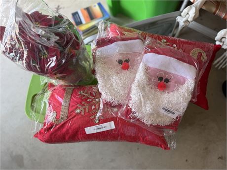 NEW Poinsettias, 2 Pillows,, 2 Whimsical Scarves