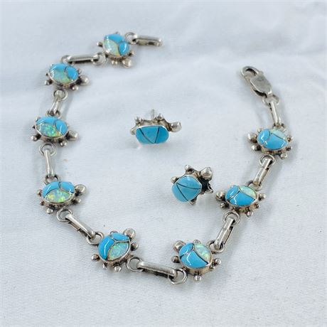 Wonderful Vtg 10g Zuni Turtle Sterling Bracelet + Earring Set