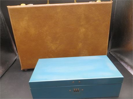 Leather Briefcase & Advertising Insurance Papers Metal Box