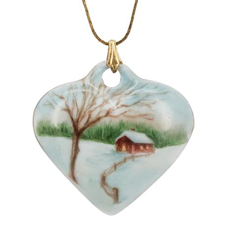 Vintage Hand Painted Winter Scene Porcelain Heart Pendant