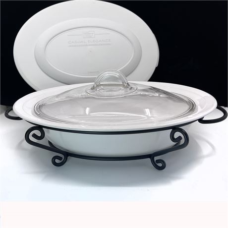 Vtg Casual Elegance Corningware Lidded Oval Serving Bowl w/ Wrought Iron Stand