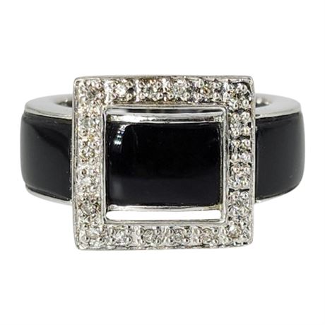 Signed KIRAN JEWELS Sterling Silver Black Onyx & Diamond Buckle Ring, Sz 7