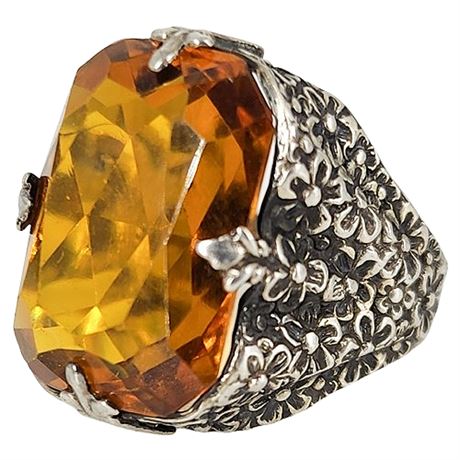 Vintage Sterling Silver Amber Paste Stone Gothic Floral Cocktail Ring, Sz 6.5