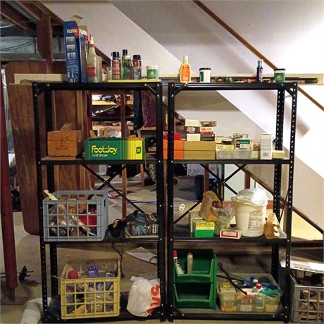 (2) Metal Storage Shelving Units with Hardware, Shoe Care &. Workshop Supplies