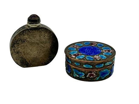 Sterling Silver Snuff Container and Enameled Box