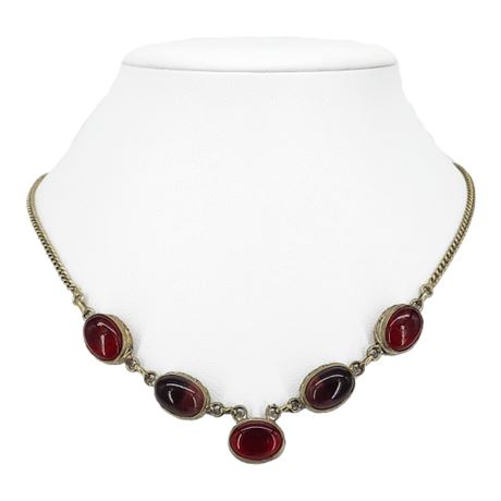 Vintage Silver Tone Red & Purple Glass Cabochons Necklace