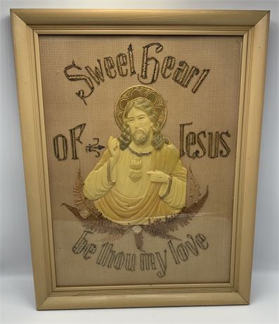 Vintage Religious Celluloid Jesus Embroidery Framed Wall Art