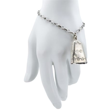 Vintage Sterling Silver Bracelet w/ Stamped Sterling Silver Bell, Flawed