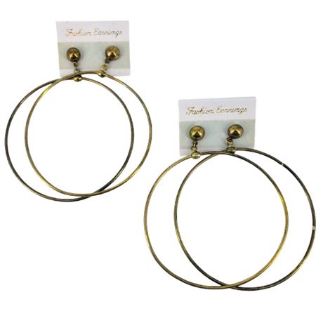 Vintage Pair Carded Gold Tone Pierced XL Hoop Earrings