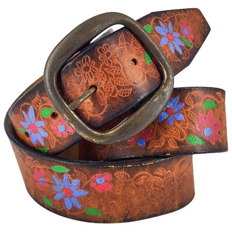 Vintage 1972 Zubrick Hand Painted Tooled Leather Flower Power Leather Belt