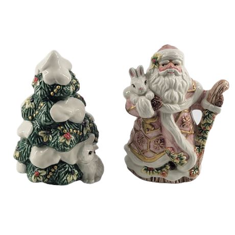 Fitz & Floyd Snowy Woods Salt and Pepper Santa and Tree with Rabbit
