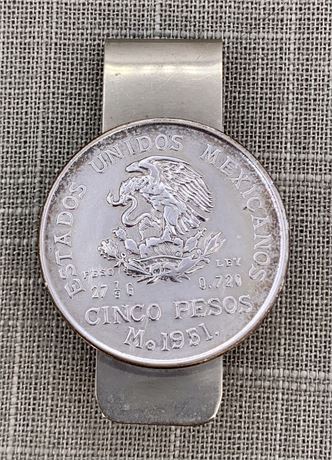 Vintage 1953 Silver Cinco Peso Mexican Coin Sterling Moneyclip