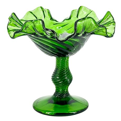 Vintage Fenton Green Swirled Glass Pedestal Compote Dish