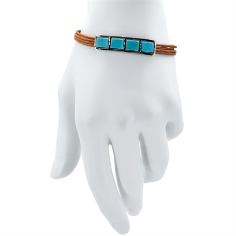 Signed LAUREN RALPH LAUREN Tan Leather & Aqua Stone Bracelet