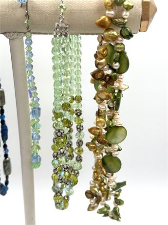 Five Blue and Green Beaded Necklaces