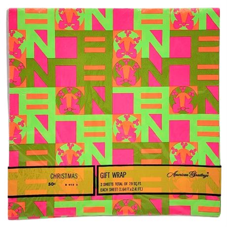 Vintage American Greetings UV Reactive Day-Glo NOEL Wrapping Paper, Unopened