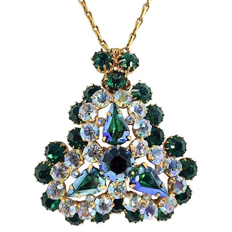 Large Vintage Green & Aurora Borealis Rhinestone Pendant Necklace