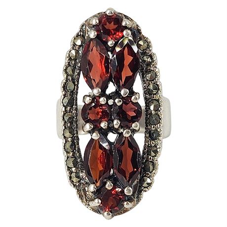 Sterling Silver Garnet & Marcasite Ring, Sz 5