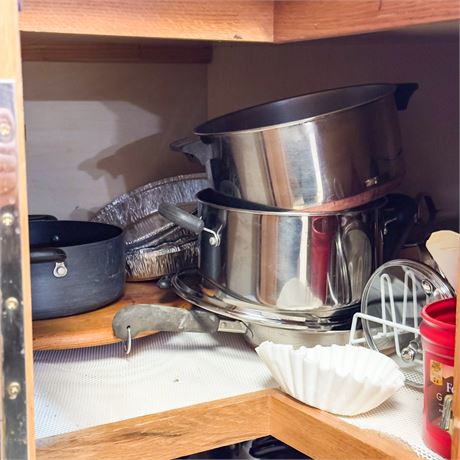 Kitchen Cupboard Lot: Pots, Pans, Misc