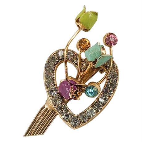 Vintage Austrian Crystal Rhinestone & Enamel Heart & Flowers Brooch