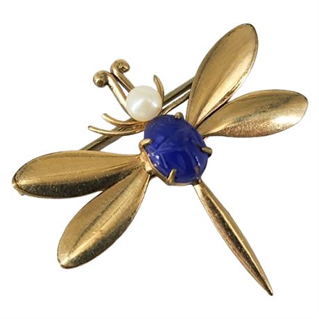 Signed Vintage WRE Gold Filled Genuine Pearl Dragonfly Brooch