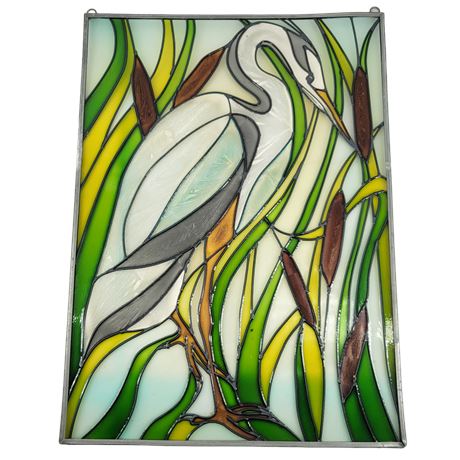 Blue Heron Stained Glass Window Panel