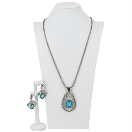 Vintage Victorian Revival Open Back Blue Rhinestone Necklace & Clip Earrings