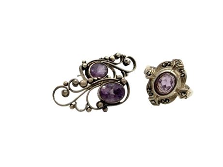 Sterling Silver Amethyst Ring & Earrings